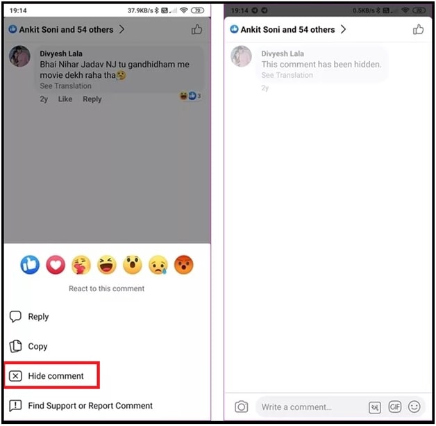 Hiding a comment on Facebook app