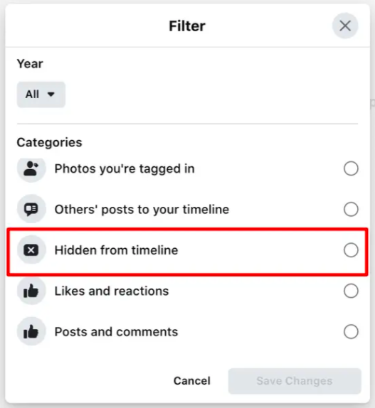 Choosing Hidden from timeline