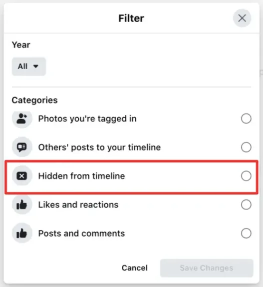 Choosing Hidden from timeline