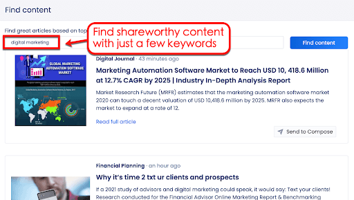 Screenshot of Vista Social's Content Finder feature