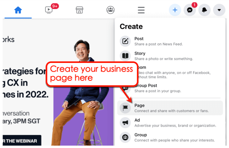 Screenshot of Facebook's create page potion