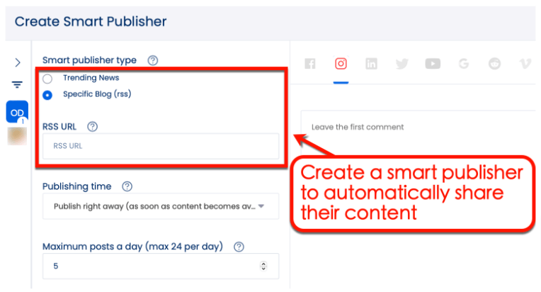 Screenshot of Vista Social's smart publisher tool
