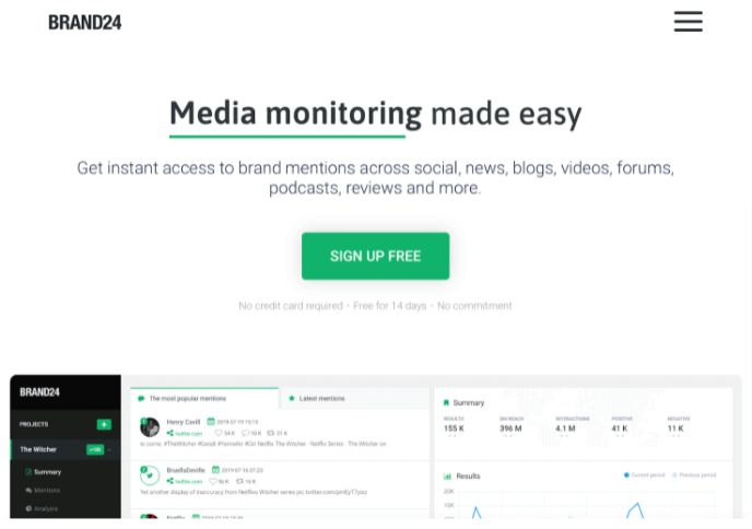 Screenshot of Brand24's home page