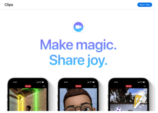 Screenshot of Clips app page