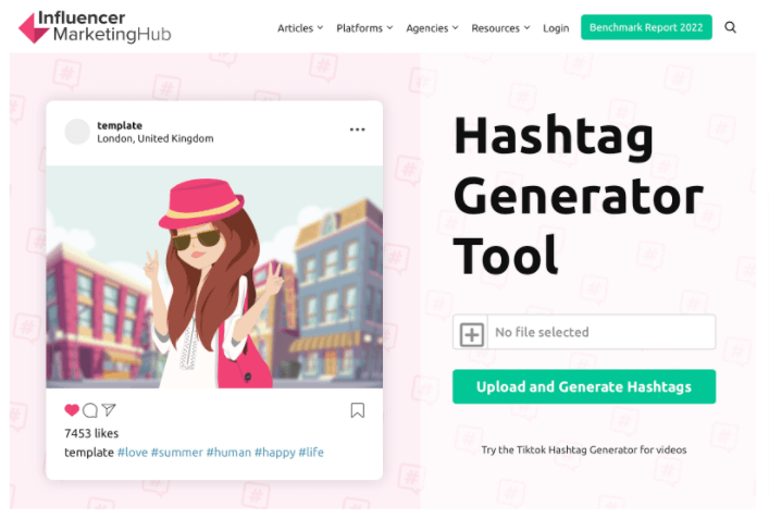 Screenshot of Influencer Marketing Hub's Hashtag Generator tool page