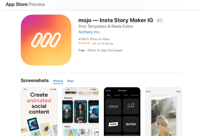 Screenshot of Mojo's app page