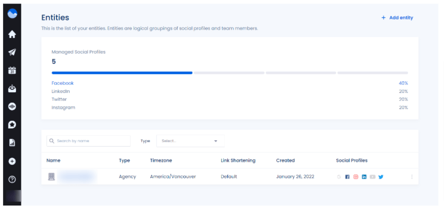 Screenshot of Vista Social's Entities Feature