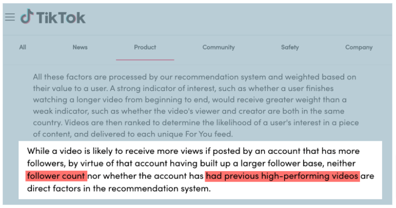 Screenshot of TikTok's page algorithm