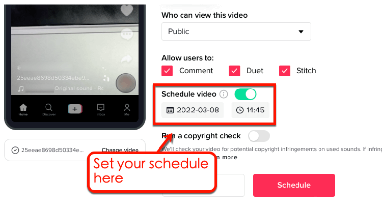 how to get more views on tiktok after posting Screenshot of TikTok Schedule video toggle