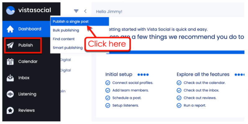 how to get more views on tiktok after posting: Screenshot of Vista Social's Publish a single post option