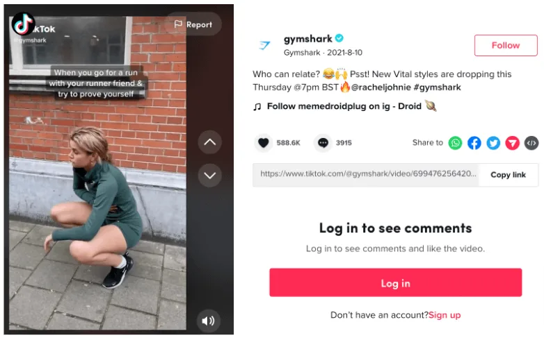 Screenshot of Gymshark's “Going for a run” TikTok