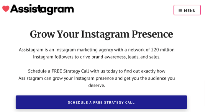 Screenshot of Assistagram's homepage