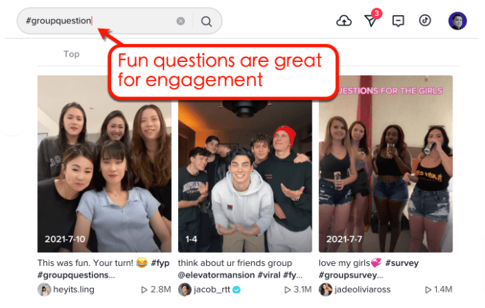 Screenshot of  trending questions on TikTok