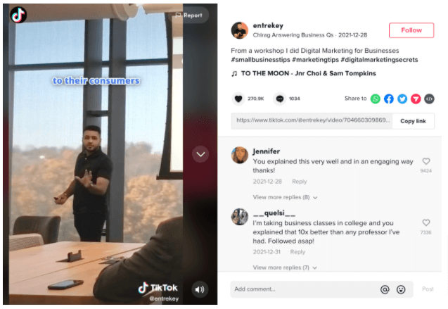 Screenshot of a TikTok video is from the page “Chirag Answering Business Qs