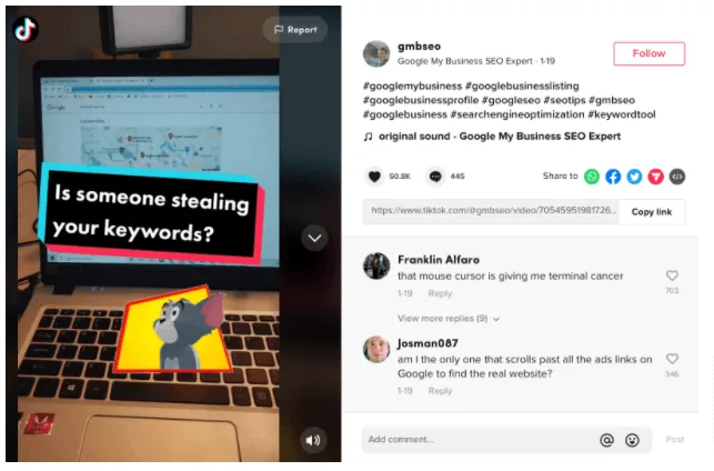 Screenshot of TikTok creator page “gmbseo”