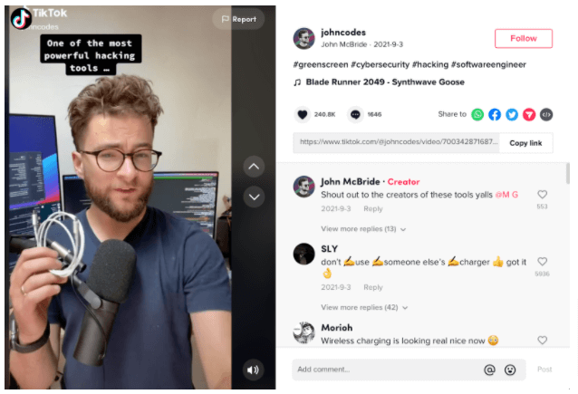 Screenshot of a video by John McBride on his TikTok page, “johncodes,”