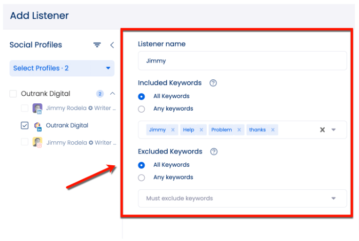 Screenshot of Vista Social's Add Listener Tool