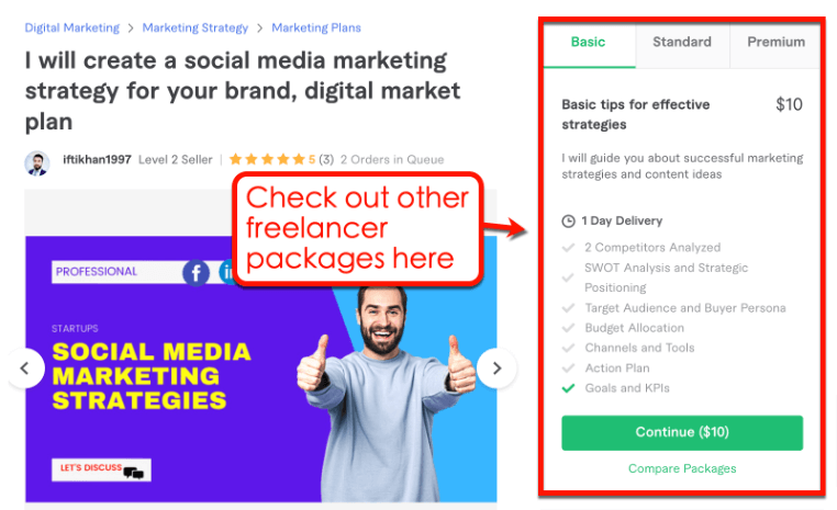 Screenshot of Fiverr's Freelancer Packages