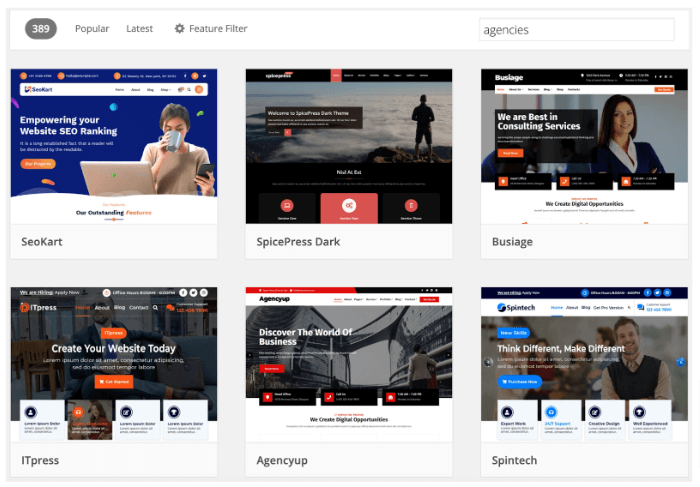 Screenshot of themes from WordPress