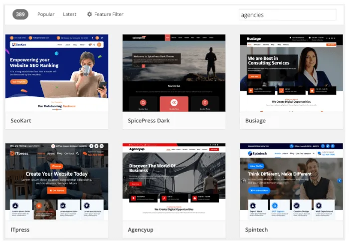 Screenshot of themes from WordPress