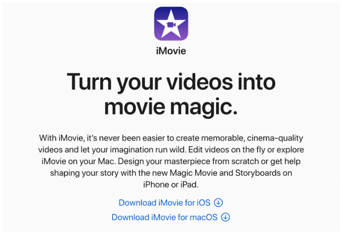 Screenshot of iMovie's page