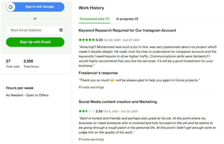 Screenshot from Upwork review