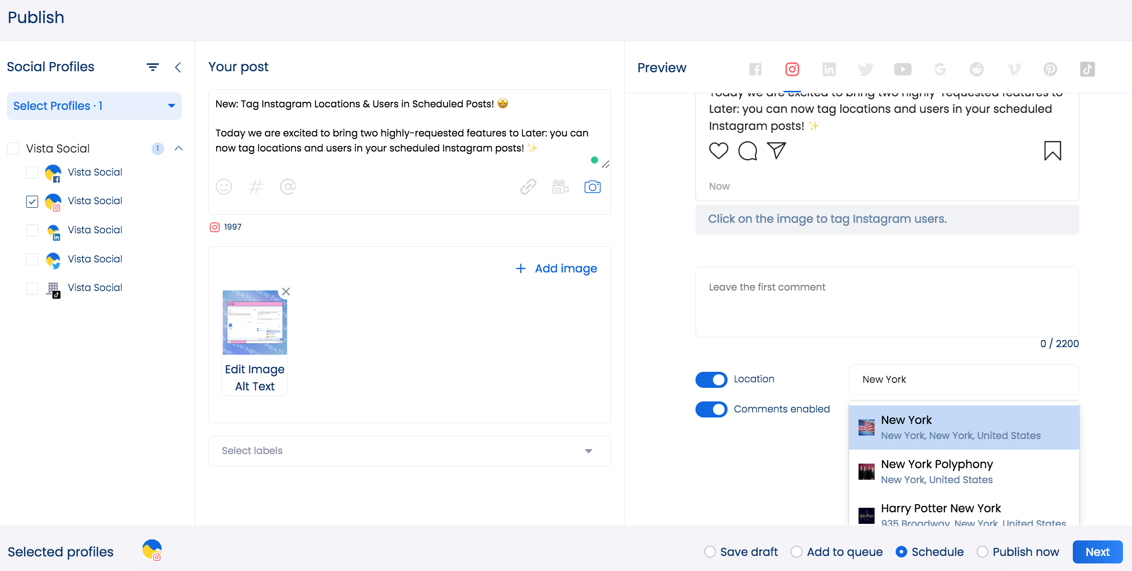 Tagging locations on Instagram through Vista Social