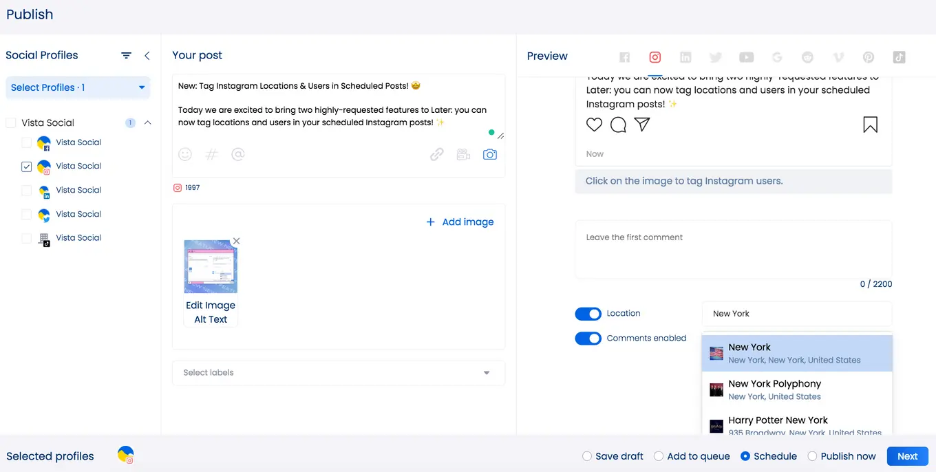 Tagging locations on Instagram through Vista Social