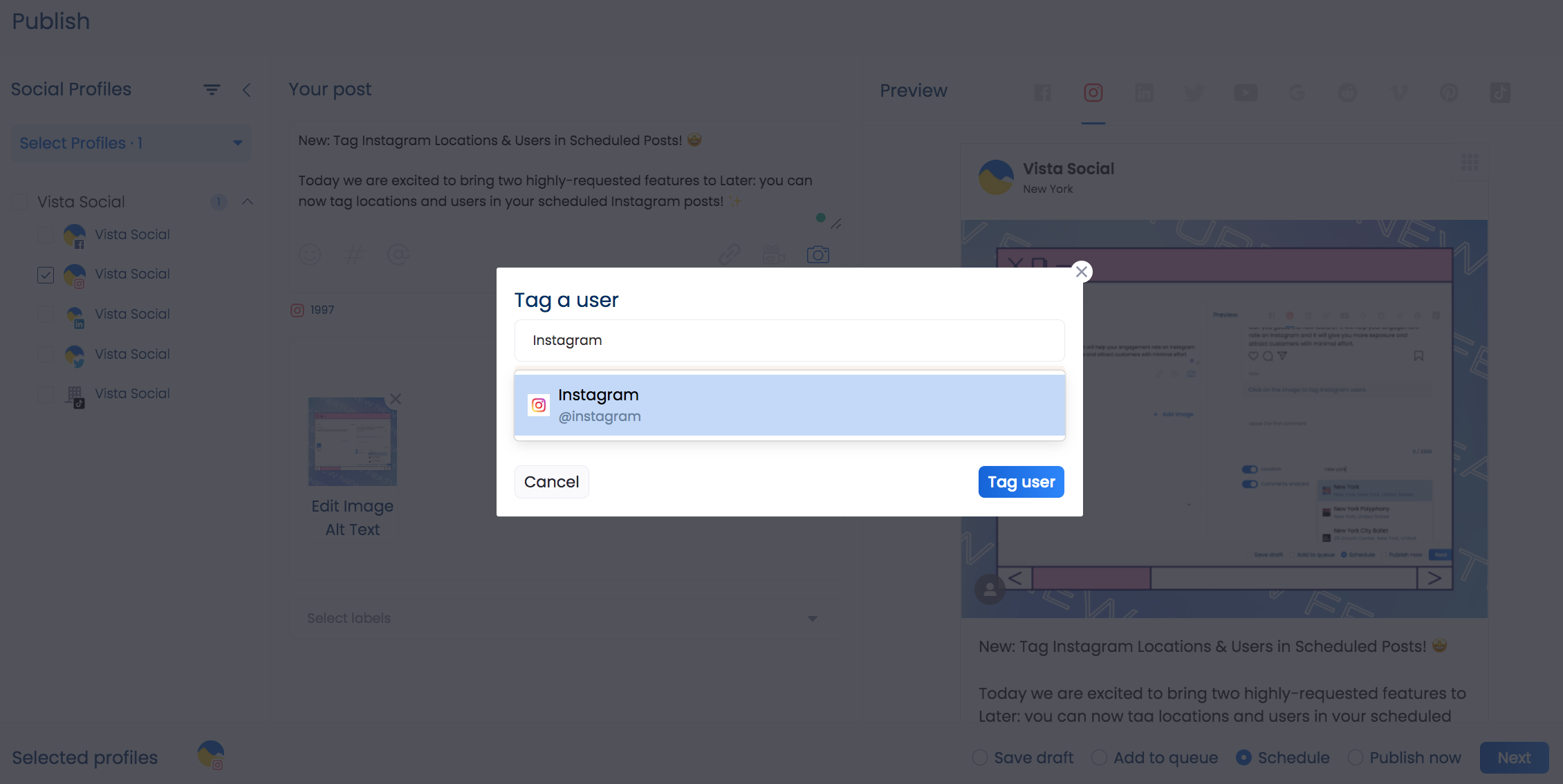 Tag users in scheduled post on Vista Social