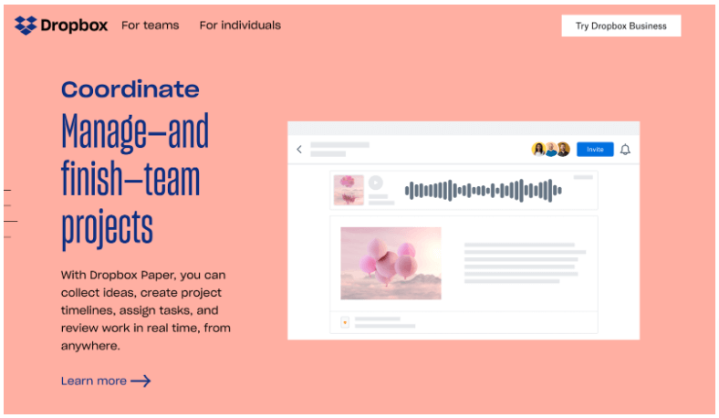 Screenshot of Dropbox's homepage
