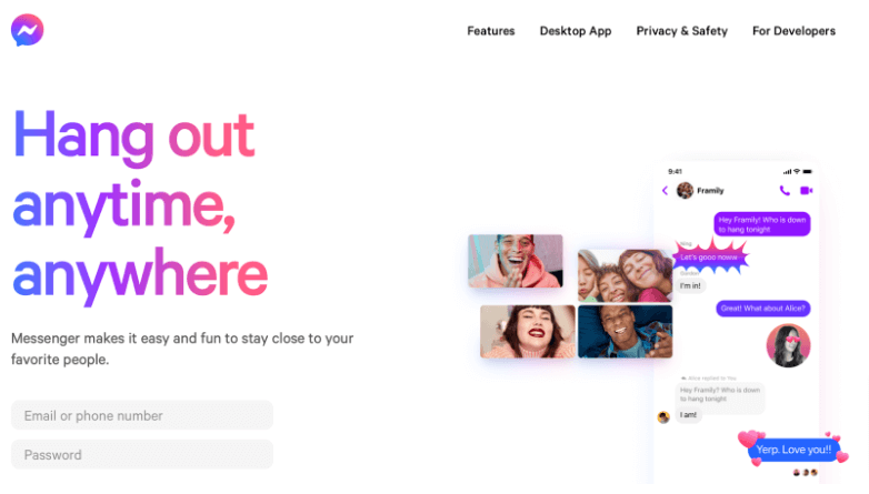 Screenshot of Messenger's homepage