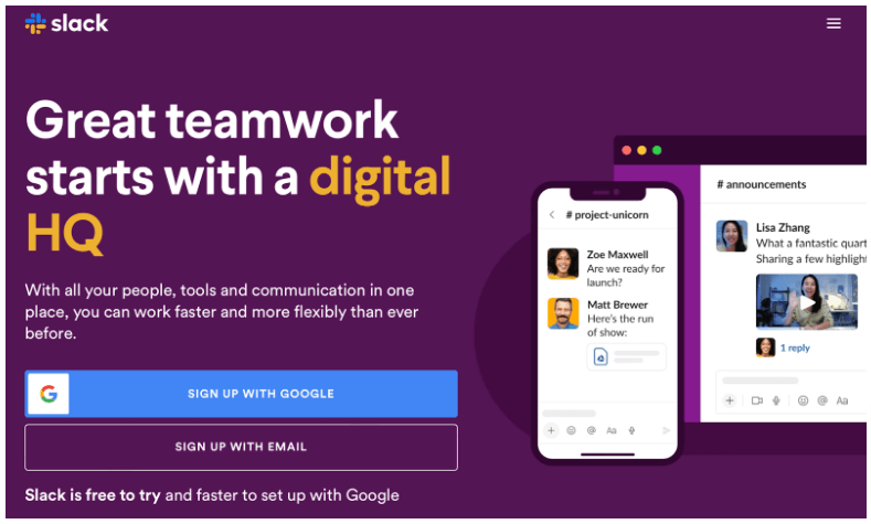 Screenshot of Slack's home page