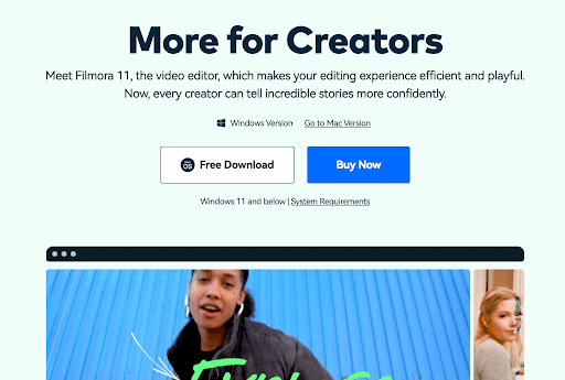 Screenshot of Filmora Video Editor's homepage