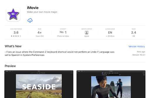Screenshot of iMovie's homepage