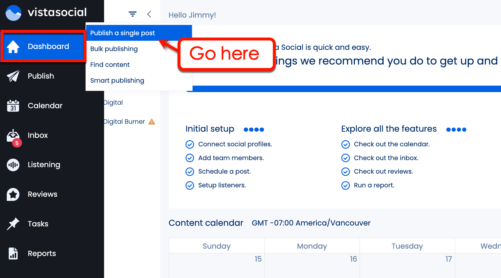 Screenshot of Vista Social's Dashboard