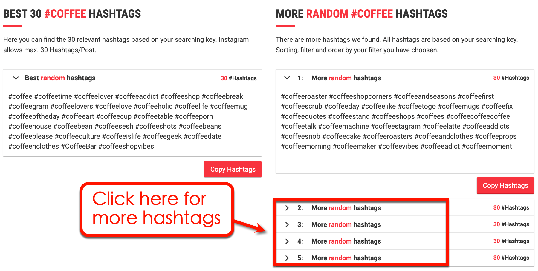 Screenshot of All Hashtag options