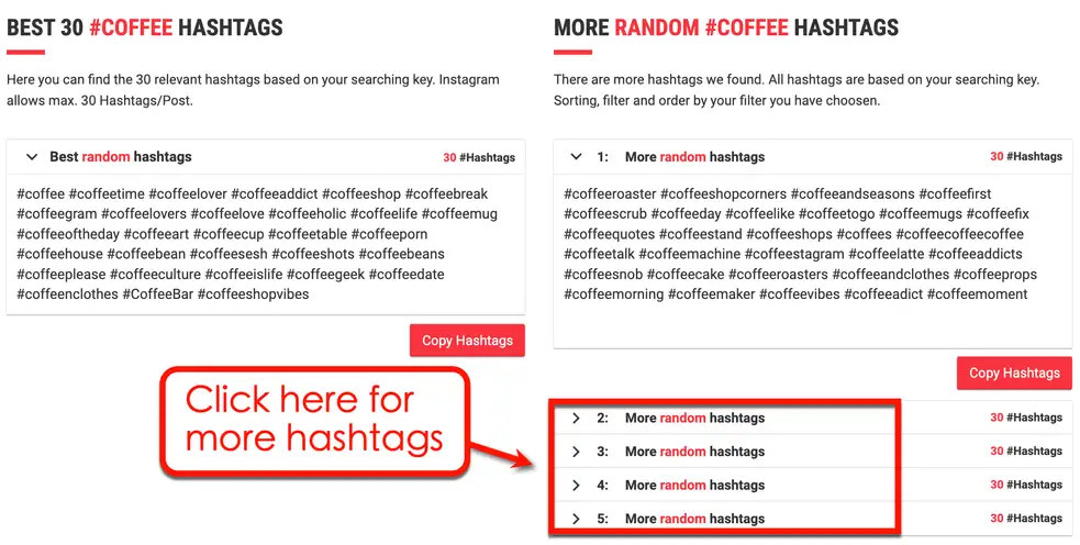 Screenshot of All Hashtag options