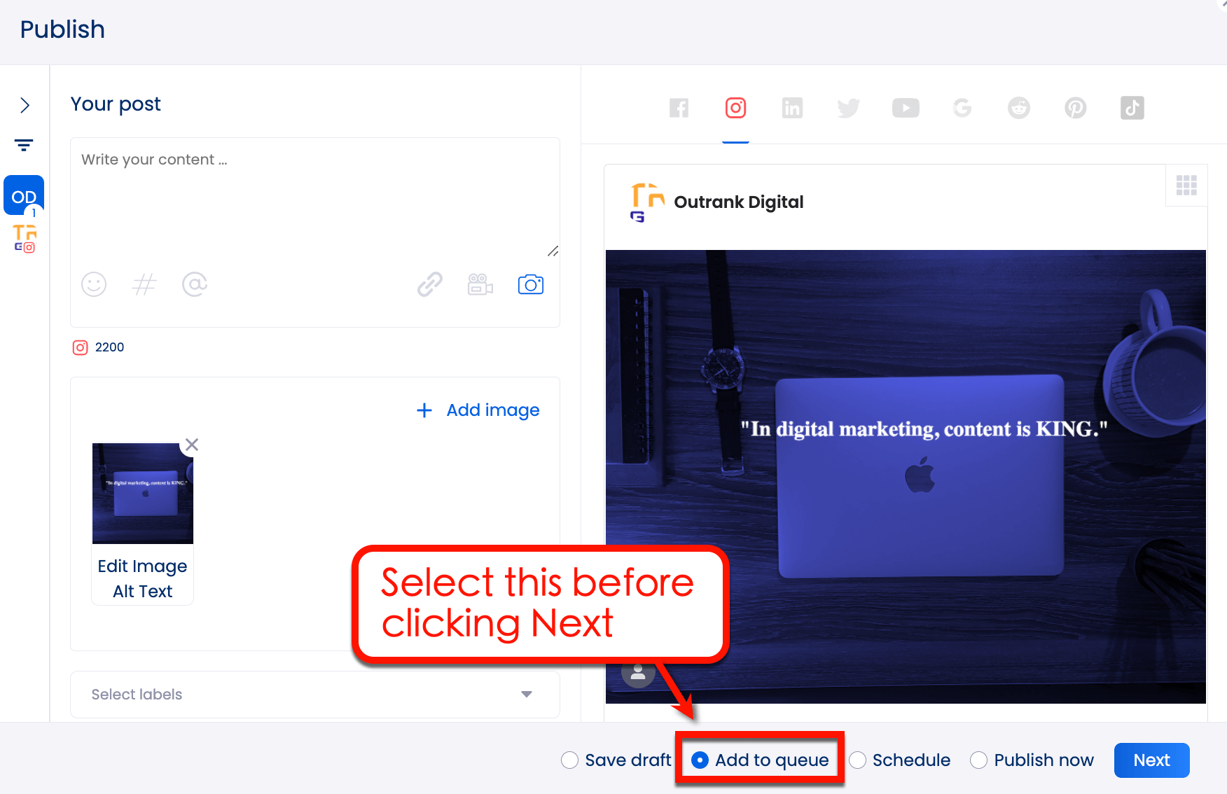 Screenshot of Vista Social's Add to Queue