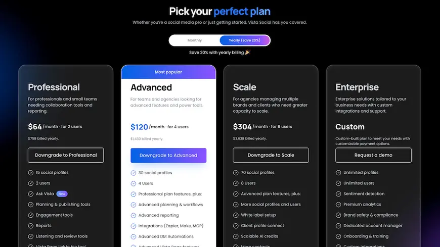 The dark mode pricing table page for Vista Social displaying Professional, Advanced, Scale, and Enterprise plans.