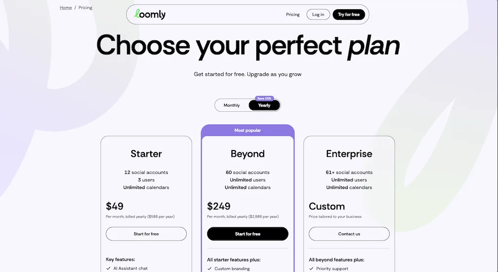 The pricing plan selection page for Loomly outlining Starter, Beyond, and Enterprise subscription tiers.