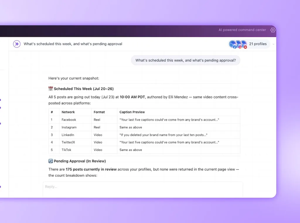 An Ask Vista chat conversation window generating a weekly scheduled post snapshot and pending approval status report table.
