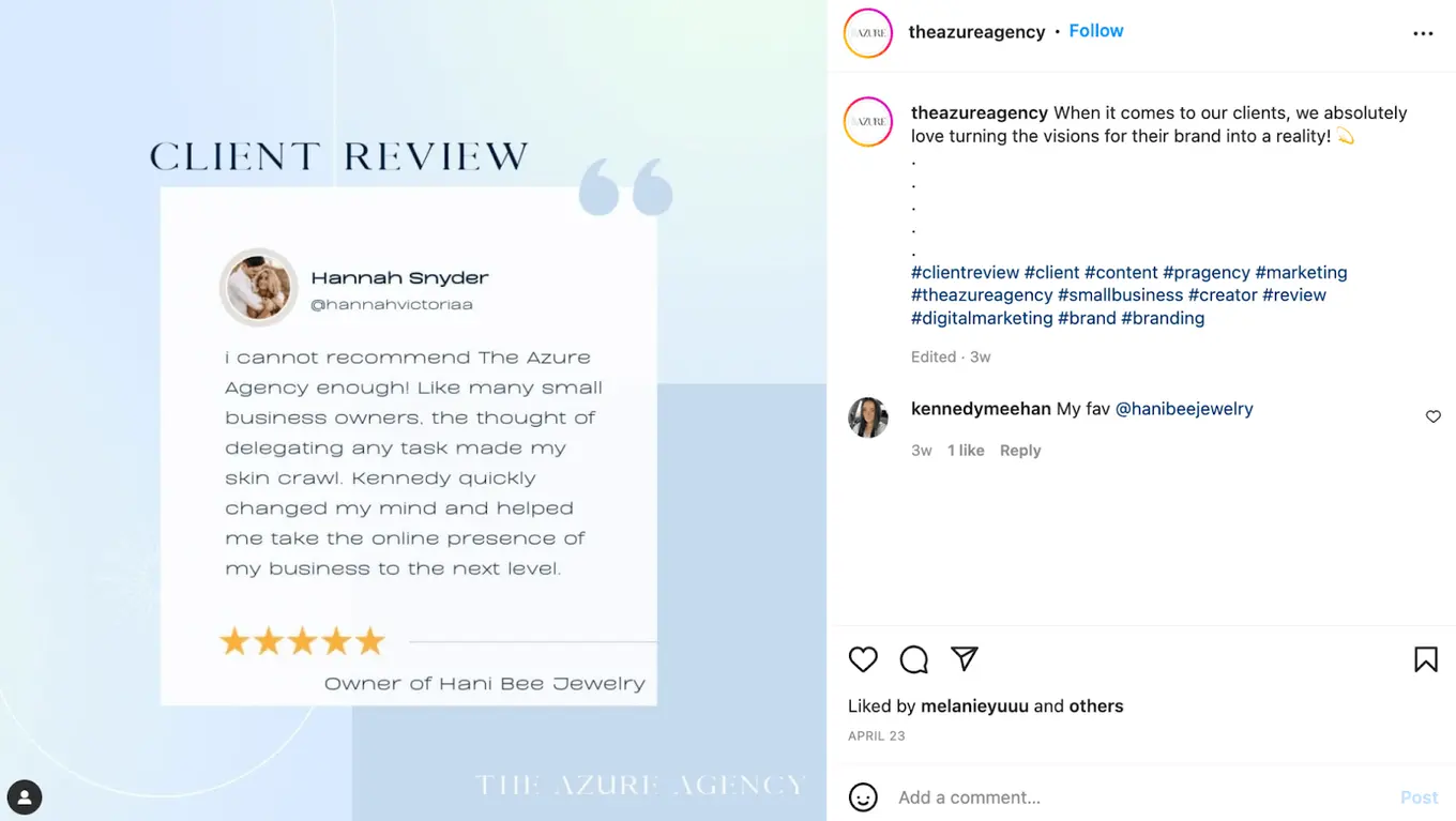 Screenshot of The Azure Agency's Instagram