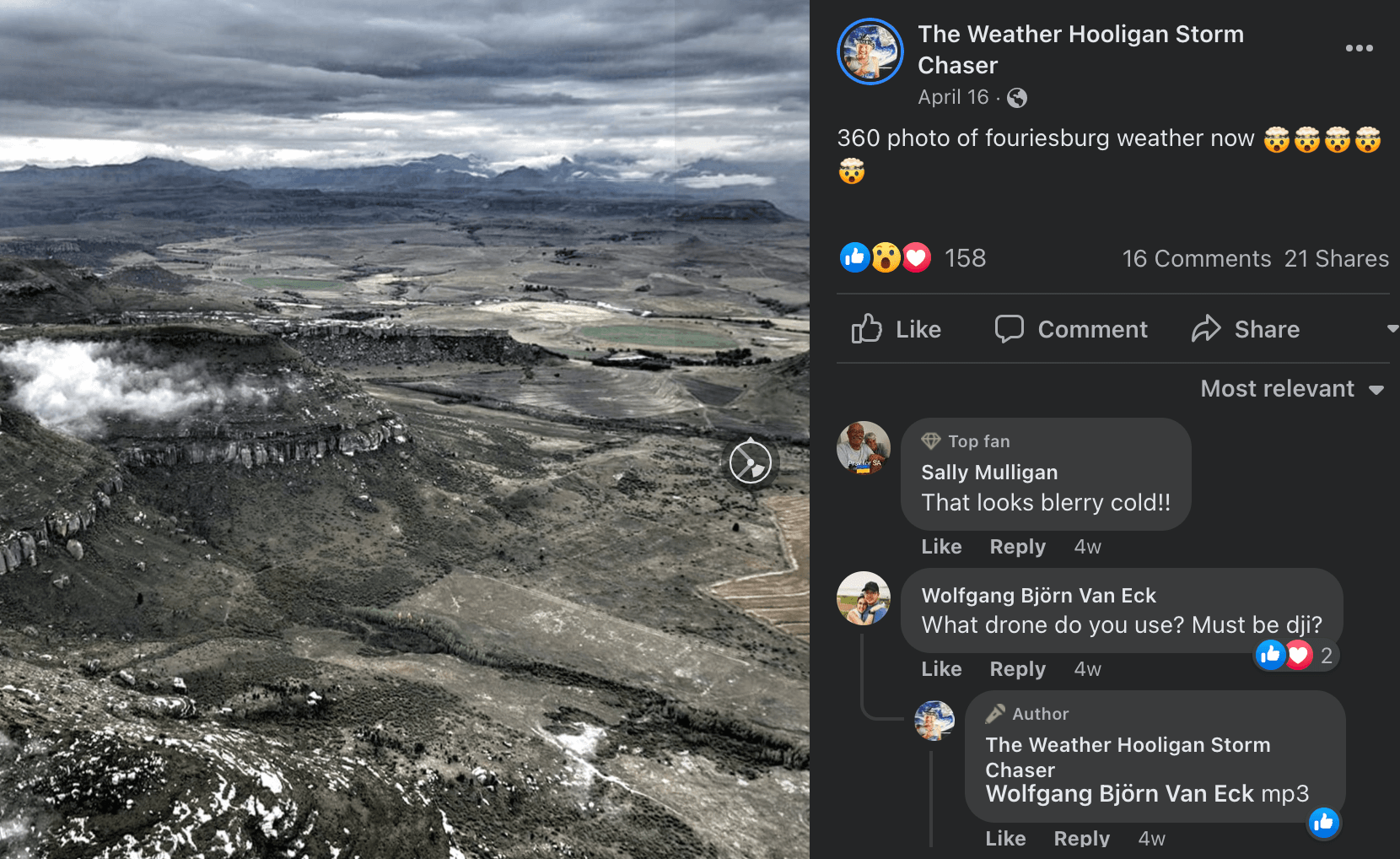 Screenshot of 360-degree facebook post content from The Weather Hooligan