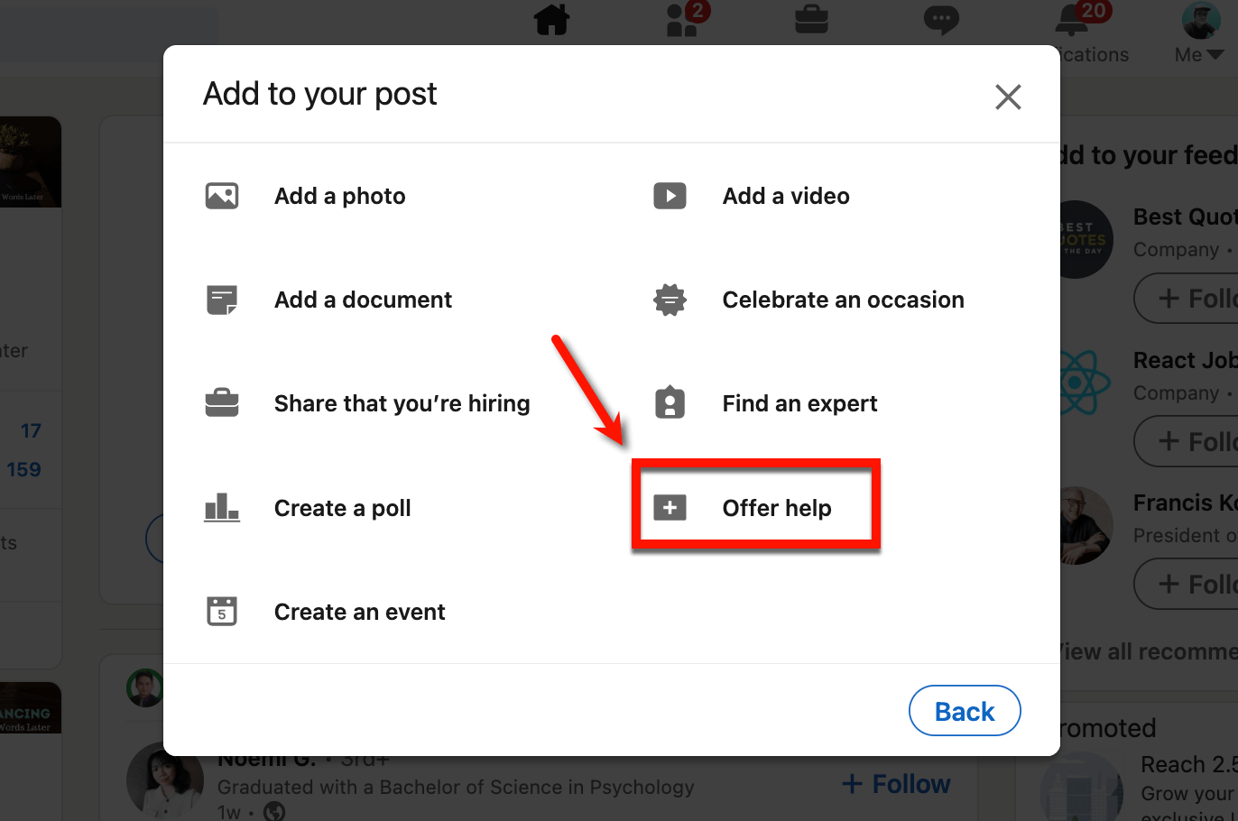Screenshot of LinkedIn Offer Help