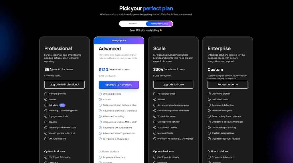 The dark mode pricing table page for Vista Social displaying Professional, Advanced, Scale, and Enterprise plans.