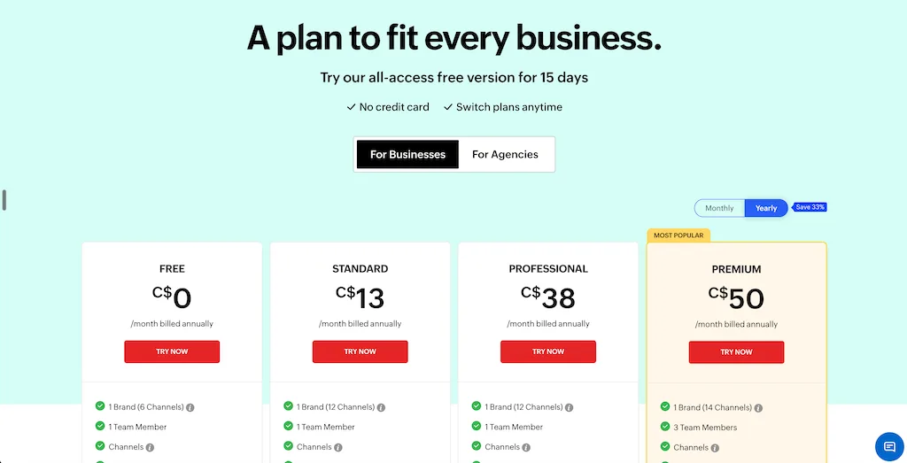 The pricing plan selection page for Zoho Social outlining Free, Standard, Professional, and Premium subscription tiers for businesses.
