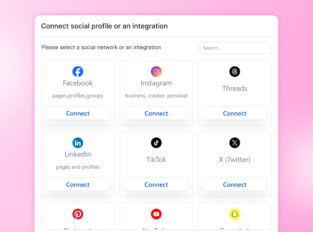 The connection modal menu in Vista Social featuring options to integrate social networks like Facebook, Instagram, LinkedIn, and TikTok.