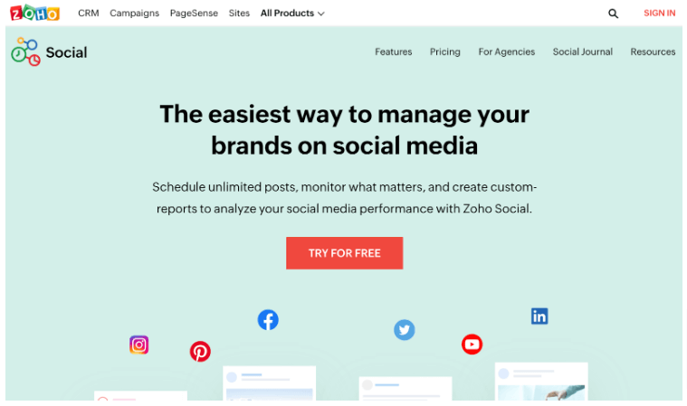 Screenshot of Zoho Social's home page