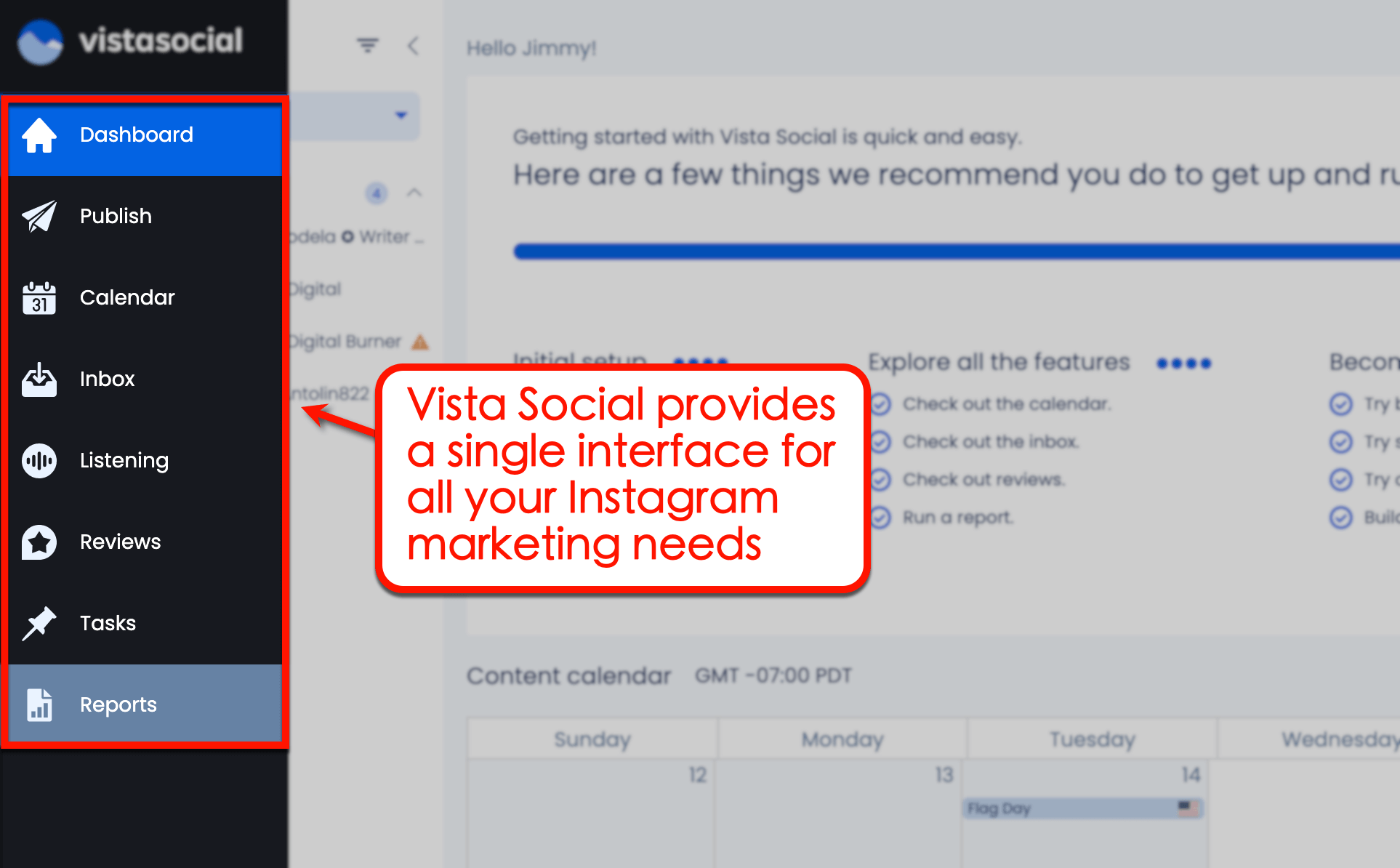 viral hashtags for Instagram Screenshot of Vista Social's IG Marketing Dashboard