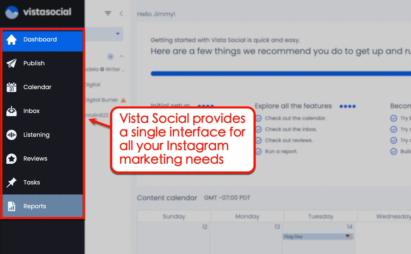 viral hashtags for Instagram Screenshot of Vista Social's IG Marketing Dashboard
